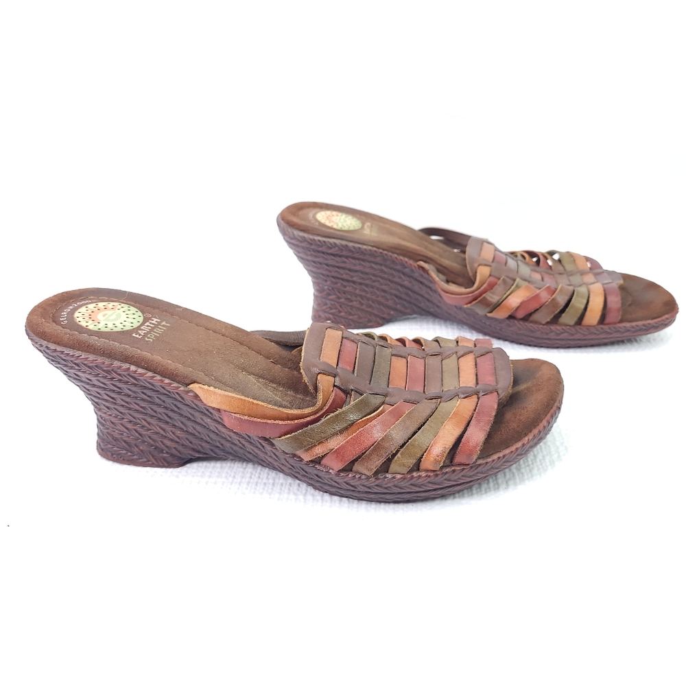 Earth Spirit Birch Wedge Heel Sandals Leather Strappy Slip On Shoes Size 9.5